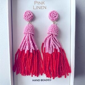 NWT Women's Pink Linen HandBeaded Pink/ Red Dangly Earrings No Box